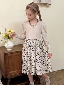 LMoss Kids LMoss 青少年女孩針織圓領拼接花卉下擺休閒洋裝，可愛白色動物印花秋季法式長袖青少年女孩茶會洋裝，秋季 - 杏色 - 查看 6