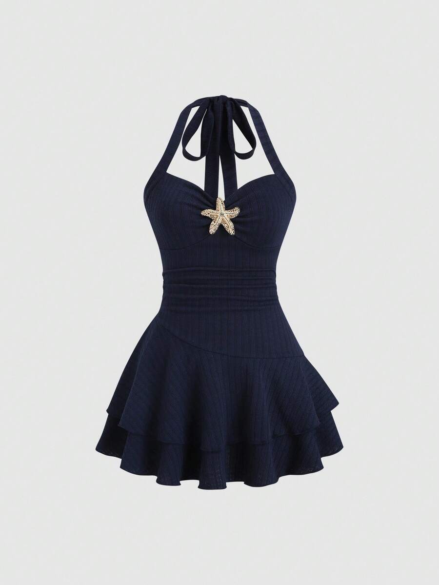 Sweetra Women's Navy Blue Summer Sailor Beach Vacation Holiday Holiday Halter Neck Tie Front Textured Ruched Metallic Decor Tiered Ruffle Hem Mini Dress - Navy Blue - View 1