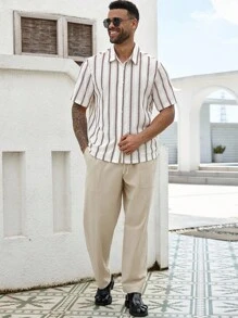 Manfinity Homme Plus Size Men's Casual Striped Short Sleeve Shirt, Summer - Multicolor - View 3