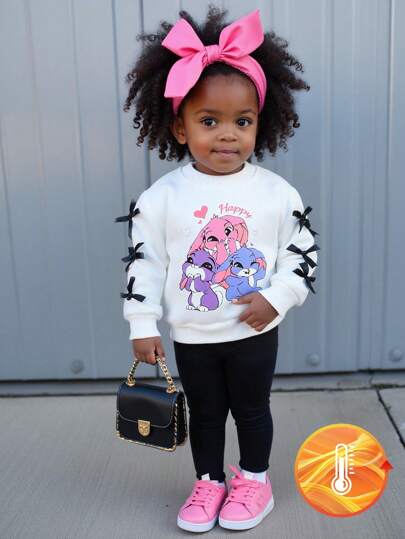 SHEIN Playful Pals 2pcs Baby Girls' White Sweatshirt With Cute Cartoon Print & Bow Decor, Long Sleeve Crew Neck Sweatshirt & Black Elastic Waist Leggings, Suitable For Casual, Outdoor, Travel, 6 Months To 2-3 Years Toddler Girl Long Sleeve Toddler Graphic Tee Girl Toddler Girl Streetwear Stitch Clothes For Girls Toddler Girl Sweatshirt Bunny Sweatshirt Toddler Girl Clothes Fall Winter