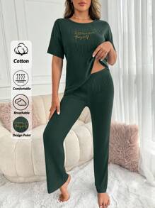 EURMUSE Women 2pcs Rib Knit With Lettered Short Sleeve Shirt&Pants Homewear Set - Green - View 1