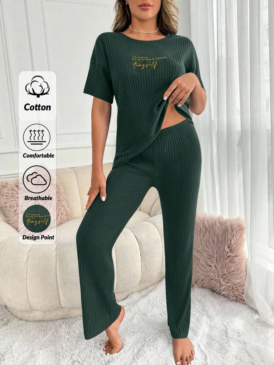 EURMUSE Women 2pcs Rib Knit With Lettered Short Sleeve Shirt&Pants Homewear Set - Green - View 1