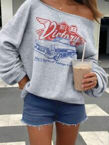 SHEIN CURVE+ 大码女式休闲印花露肩卫衣女装秋装、冬装、CURVE PLUS 女式卫衣灰色卫衣露肩卫衣可爱卫衣复古汽车卫衣 - 灰色 - 查看 1