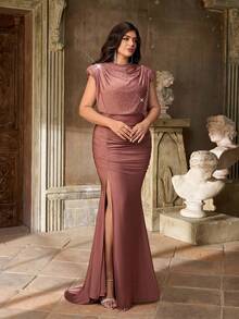 Aureia Váy dạ hội trang trọng thanh lịch lãng mạn cổ cao đính sequin sang trọng trang trí đá Rhinestone xẻ cao ôm sát cơ thể xếp nếp viền đuôi cá có đuôi váy - màu nâu - Xem 3