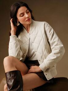 Anewsta 女式休闲 PU 皮革夹棉棒球飞行员外套，长袖 - 白色 - 查看 1