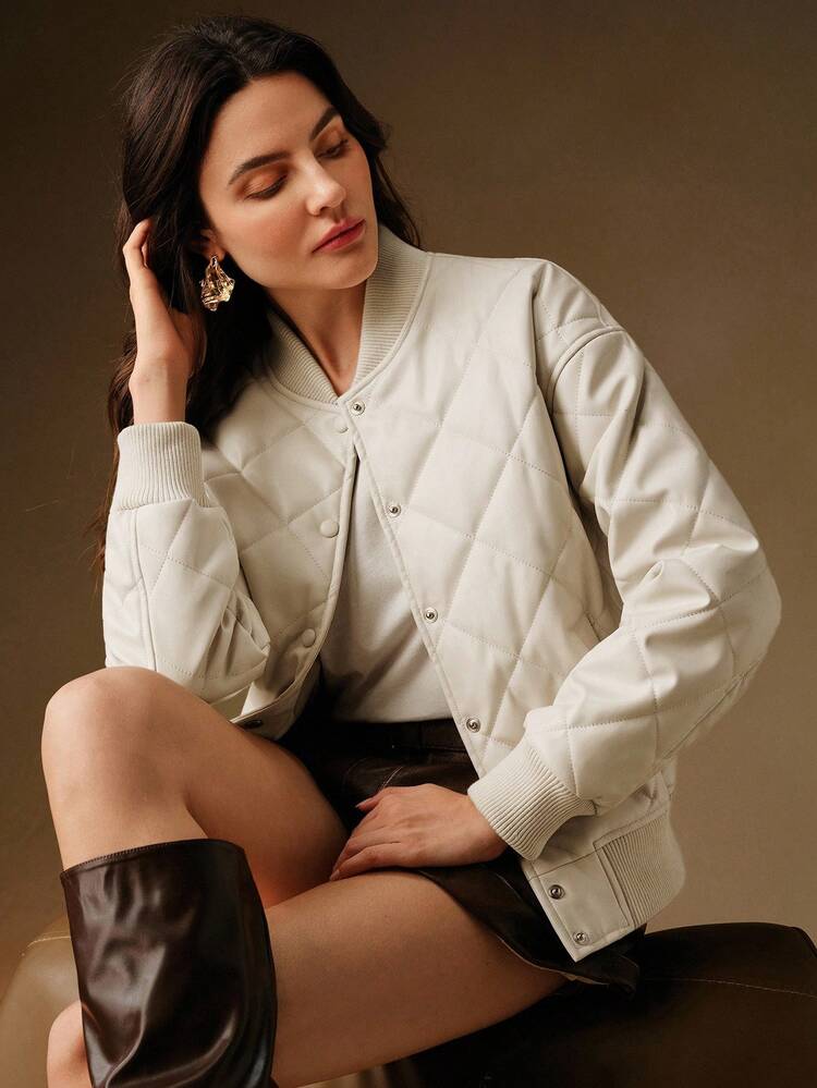 Anewsta Women's Casual PU Leather Padded Coat Baseball Bomber Coat, Long Sleeve - White - View 1