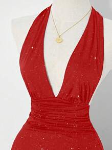 SHEIN Clasi 女士优雅亮片露背连衣裙，适合度假和派对 - 紅色 - 查看 4