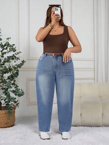 SHEIN CURVE+ 大码蓝色休闲口袋百搭女式牛仔裤，夏季 - 藍色 - 查看 7