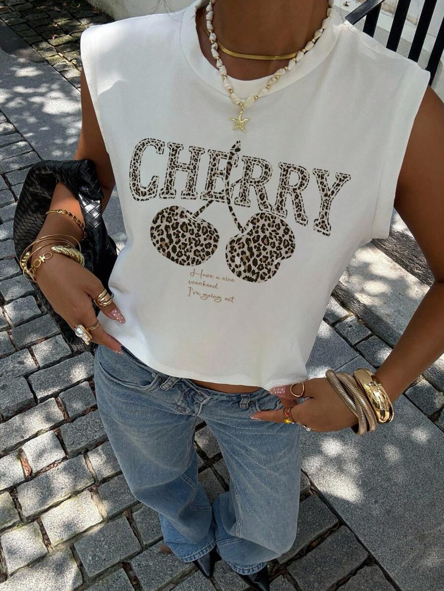 Siren Gaze Top court sans manches à imprimé léopard rétro avec motif cerise, débardeur décontracté à col rond convenant pour l'été