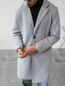 Manfinity Homme Áo khoác len dài đơn hàng ngày, cổ ve trơn màu, cài nút, dành cho nam, thu đông - Xám - Xem 7