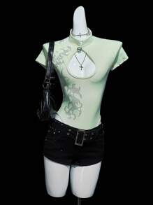 SHEIN ICON 女士绿色水钻装饰前后镂空高领紧身衣 - 黑色 - 查看 6