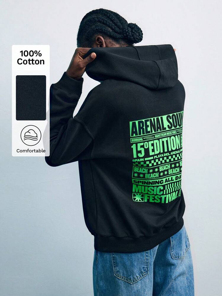 SHEIN X Arenal Sound Sudadera con capucha de mujer ArenalSound con estampado de eslogan, hombros caídos, ajuste holgado, bolsillo, sudadera negra, sudadera esencial, sudadera gráfica, ropa de otoño e invierno para mujer