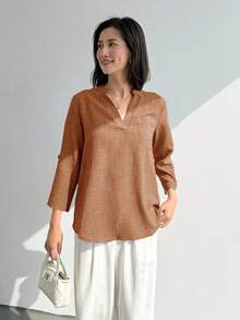 EMERY ROSE 女式春季印花缺口领 3/4 袖衬衫、工作衬衫