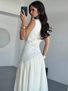 Firerie 女士优雅刺绣拼布不对称领连衣裙