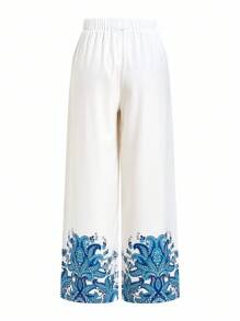 Ellevyn Women's Floral Print Shirt And Pants Two Pieces Set, Elegant And Graceful - Blue and White - View 6