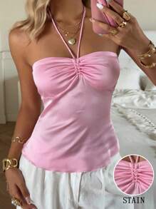 SHEIN EZwear Women's Satin Ruched Bust Halter Neck Top, Pink Top Women