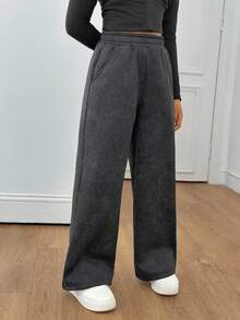 Sparklyn Tween Girls' Casual All-Match Versatile Street Pocket Loose Wide Leg Elastic Waist Washed Snow Fleece Sweatpants Fall Winter - Black - View 4