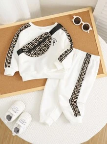 TaviRue 3pcs/Set Baby Boy Contrast Color Patchwork Crew Neck Sweatshirt, Sweatpants And Crossbody Bag Set Baby Boy Outfit Set Baby Boy Casual Set Baby Boy Streetwear Baby Boy Tracksuit Fall Winter