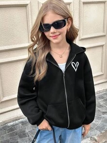 SHEIN 少女休闲针织卫衣外套，爱心印花，保暖内衬，拉链口袋，适合周末、休闲外出、返校、秋冬季穿着。可爱黑色卫衣，少女拉链卫衣，带拉链的少女卫衣，少女拉链卫衣，黑色拉链秋季卫衣 - 黑色 - 查看 8
