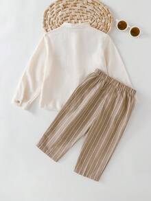 Cozy Pixies 男婴两件套：前开襟长袖开衫衬衫搭配条纹松紧腰裤，男婴亚麻套装，男婴亚麻服装，男婴米色套装，男婴秋冬服装