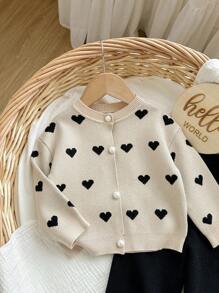 SHEIN Baby Girl Heart Pattern Long Sleeve Single-Breasted Knitted Cardigan And Knitted Pants Casual Suit,In Fall/Winter