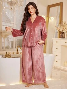 MuseNap CURVE Velvet Pajama Set Velvet Drop Shoulder Long Sleeve Top And Loose Casual Pants Plus Size Pajama Set, Cozy Outfits Velvet Pajama Set, Fall Winter Clothes - Red - View 3