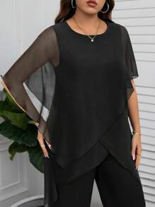 Reflora Plus Size Elegant Commuter Solid Color Asymmetric Hem Top And Pants 2 Pieces Set,Fall Clothes For Women - Black - View 3