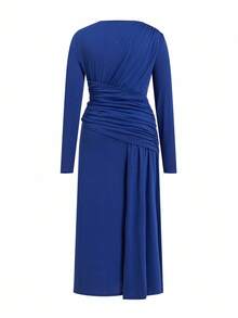 Ellevyn Women's Curvy Plus Size Royal Blue Dress,Long Sleeve Elegant Formal Pleated Ruched Knit Dress For Winter Wedding Guest,Party,Date Night Outfit,2025 - Blue - View 10