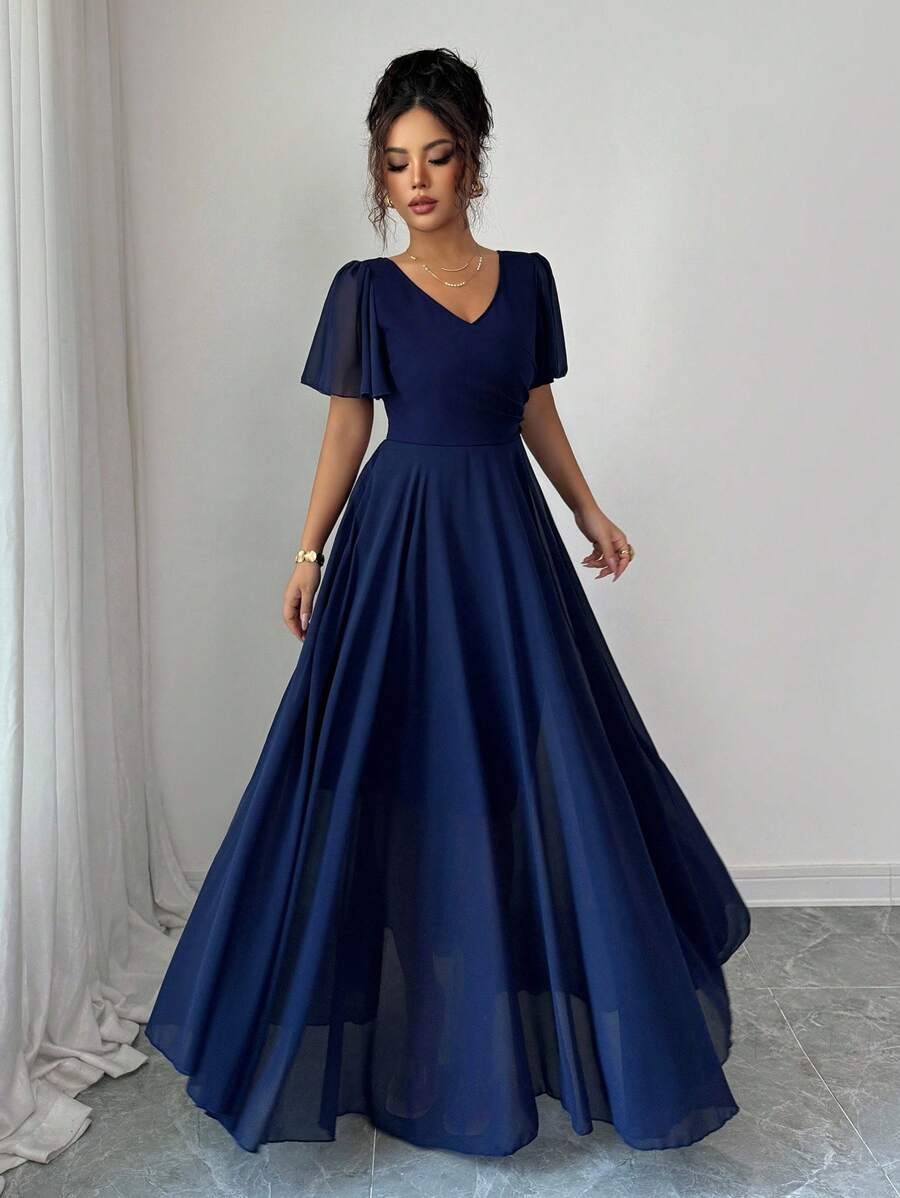 Elenzga Ruffled Sleeve Waist Cinched V-Neck A-Line Minimalist Elegant Romantic Sophisticated Women Dress - Navy Blue - View 1