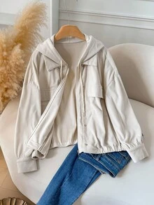 CosyJoli Plus Size Women 2 In 1 Design Casual Jacket, Apricot Color Hooded Jacket, Corduroy Jacket, New Autumn/Winter Commuting Versatile Outerwear,Fall Clothes For Women