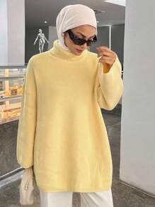 DAZY Women's Solid Color Drop Shoulder Long Sleeve Loose Casual Sweater, Autumn/Winter,Fall Women Clothes Turtleneck Women Modest Fashion School - Yellow - View 6