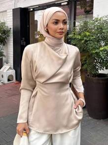 DAZY Áo sơ mi nữ tay dài cổ ve lật màu trơn thanh lịch, phong cách công sở giản dị. - Màu vàng - Xem 5