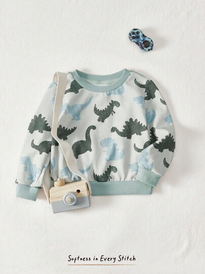 Cozy Pixies Baby Boy Sporty Cartoon Dinosaur Printed Round Neck Long Sleeve Sweatshirt,In Fall/Winter
