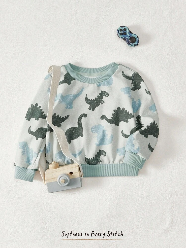 Baby Boy Sporty Cartoon Dinosaur Printed Round Neck Long Sleeve Sweatshirt,In Fall/Winter