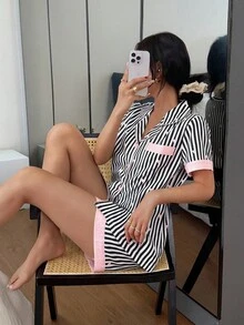Button-Up Women's Short Sleeve Striped Pajamas With Comfortable Regular Fit And Collar Women Short Sets Pajama Short Set Summer Pj Set Short Pj Set Striped Pajama Set Pjs - Black - View 6