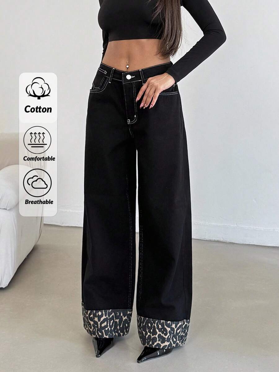 EURMUSE Women's Fashionable Casual Leopard Print Patchwork Loose Wide-Leg Jeans - Black - View 1