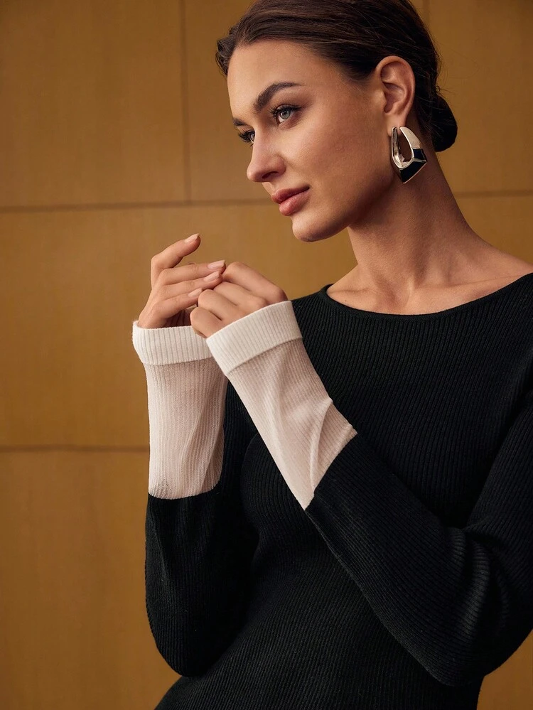 ELEGANT COLORBLOCK LONG SLEEVE SLIM FIT KNIT DRESS WITHOUT BELT