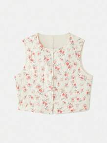 lacRébo Vintage Style Floral Print Quilted Sleeveless Button Front Waistcoat Going Out Top Spring Summer Top - White - View 7
