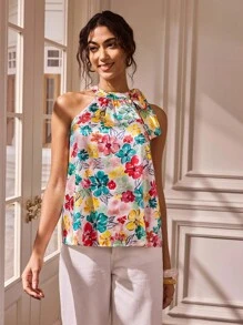 Glamance Yin Creative Studio Women's Elegant Floral Print Halter Neck Blouse, Summer Off The Shoulder Country Outfits Women Casual - Multicolor - View 6