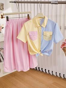 Conjunto de 2 peças para meninas adolescentes, cardigã listrado com lapela e saia gráfica moderna, adequado para o deslocamento diário - Multicolorido - Ver 2