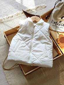 SHEIN Vintaside Kids 幼儿男童夹棉背心夹克，舒适、时尚、简约、可爱、百搭，秋冬 - 米色 - 查看 4