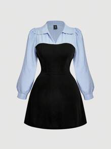 SHEIN MOD Plus Size Elegant Commuter Dress With Blue-White Stripe And Black Color Block, Faux-2 Pieces Appearance. Collared Dress. Long Sleeve Dress. Blue Striped Dress,Wimbledon Style,Wimbledon Outfit ,Fall Clothes For Women
