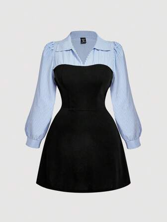 SHEIN MOD Elegantes Pendlerkleid in Große Größen mit blau-weißem Streifen und schwarzem Farbblock, Fake-2-Teile-Optik. Kleid mit Kragen. Langarmkleid. Blau gestreiftes Kleid, Wimbledon-Stil, Wimbledon-Outfit, Herbstkleidung für Frauen