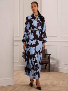 Lilora Women's Elegant Floral Print Long Dress, Suitable For Commuting Autumn Clothes For Women Elegant And Dignified Officework,Events,Daily,Vacation Officework,Events,Daily,Vacation Tea Party Floral Brown - Multicolor - View 4
