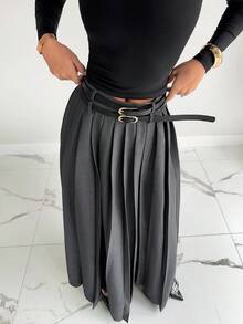 Siren Gaze Herbst Frauenkleidung Winter Grauer Plisseerock, 2025 Neuer Hoher Taillierter A-Linien Rock mit Doppelgürtel & Seitentaschen, Langer Rock im Old Money Stil für Frauen, Elegant für formelle Anlässe, Büro und Alltag, Geeignet für Pendeln/Geschäft/Ausgehen/Lehrerin/Täglich, Herbst Winter Muss-haben Rock