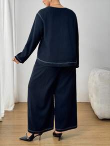 SHEIN PETITE CURVE 加大码女式休闲拼色外缝衬衫和裤子套装，秋季两件套小码裤装女式两件套裤子套装小码曲线两件套曲线小码服装套装加大码小码两件套 - 藏蓝色 - 查看 2