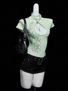 SHEIN ICON 女士绿色水钻装饰前后镂空高领紧身衣 - 黑色 - 查看 7