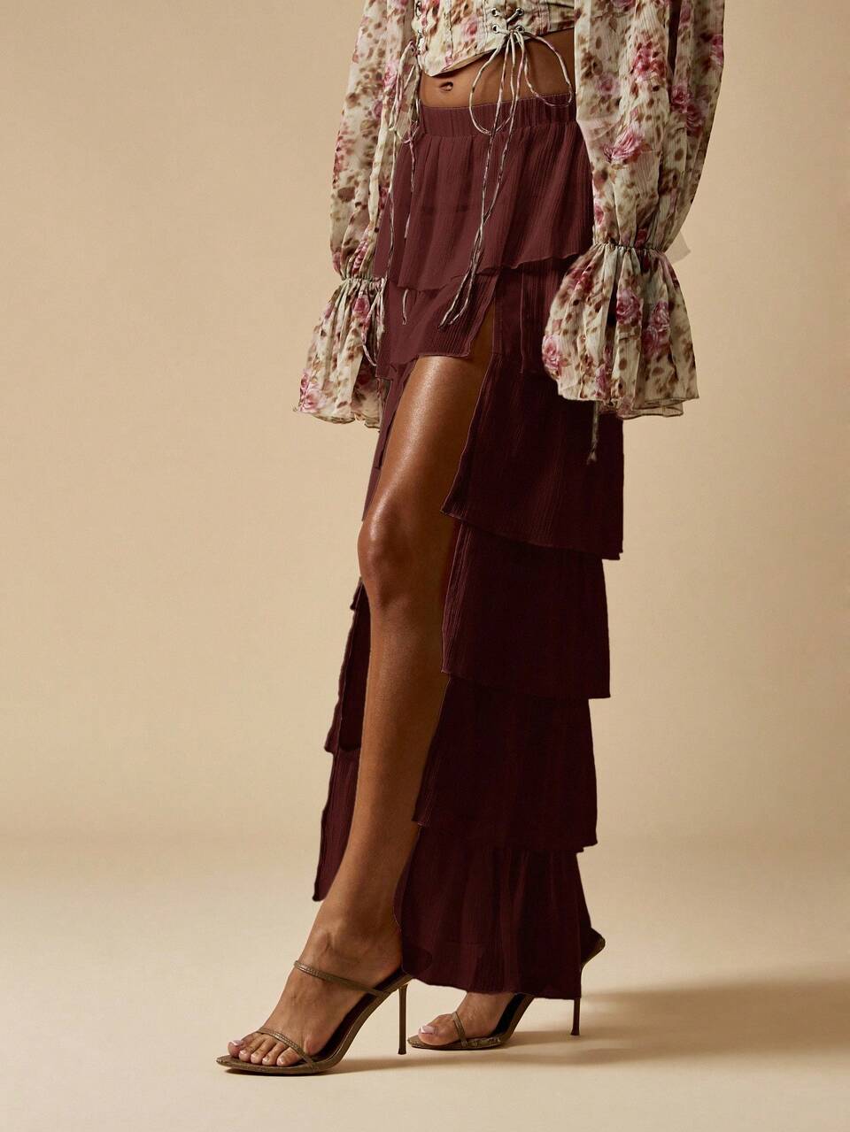 MISSGUIDED Tiered Ruffle Chiffon Maxi Skirt With Side Split Layered Holiday Beach Wedding Guest Bohemian Summer Long Skirt