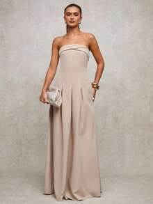 SHEIN BAE Women's Elegant Beige Tube Top Maxi Dress,Summer Dining Umbrella Skirt,Khaki Long Party Dresses For Women,Autumn Winter Christmas New Year Clothes - Khaki - View 3