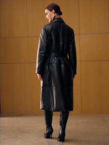 MOTF PREMIUM PU LEATHER SOLID PEAK COLLAR DOUBLE BREASTED PLACKET LONGLINE WINTER COAT - Black - View 7